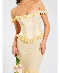 Miss Circle Women's Ersilia Pale Yellow Satin Lace Peplum Corset Off Shoulder Maxi Dress