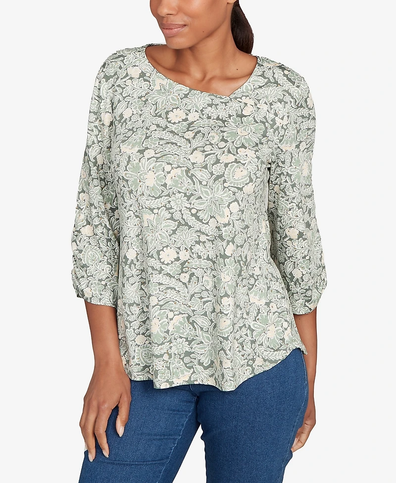 Ruby Rd. Petite Floral Dew Drop Ruched Sleeves Top