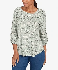 Ruby Rd. Petite Floral Dew Drop Ruched Sleeves Top