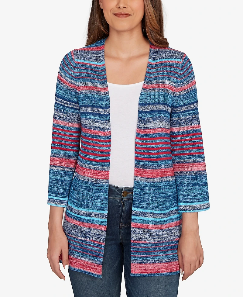 Ruby Rd. Petite Open Ribbed Stripe Front Pocket Cardigan Sweater