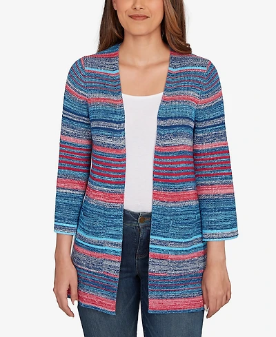 Ruby Rd. Petite Open Ribbed Stripe Front Pocket Cardigan Sweater