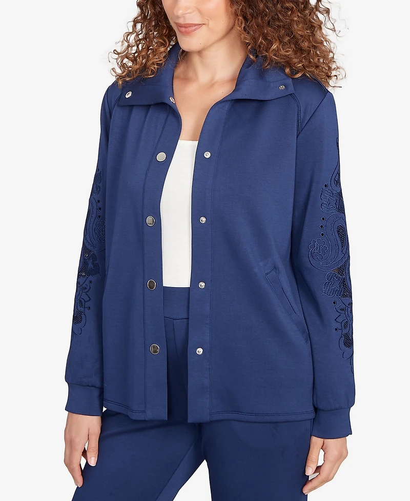 Ruby Rd. Petite Embroidered Floral Cutout Snap Jacket