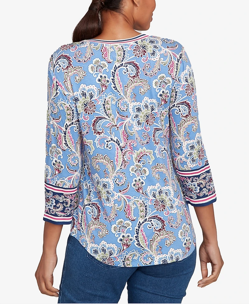 Ruby Rd. Petite Stripe Trim Paisley Henley Top