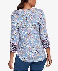 Ruby Rd. Petite Stripe Trim Paisley Henley Top