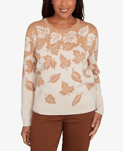 Alfred Dunner Petite Mount Laurel Falling Leaf Long Sleeve Sweater