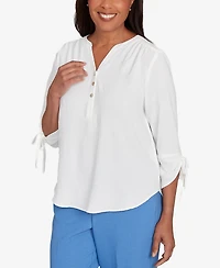 Alfred Dunner Petite Tie Sleeve Crinkle Textured Henley Top