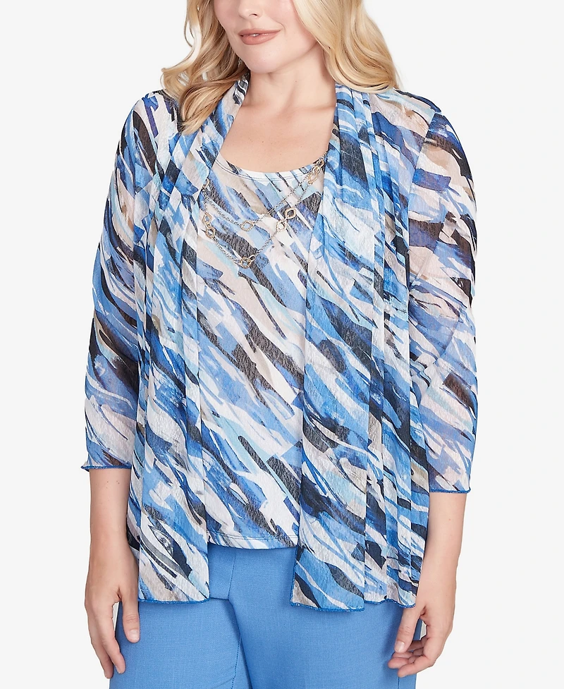 Alfred Dunner Petite Textured Mesh Printed Two One Top with Necklace