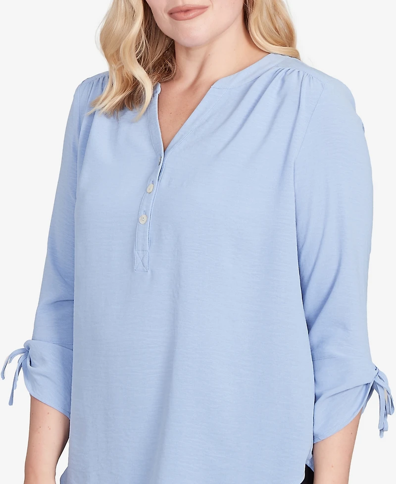 Alfred Dunner Petite Tie Sleeve Crinkle Textured Henley Top