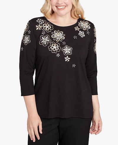Alfred Dunner Petite Gold Floral Embroidered Three Quarter Sleeve Top