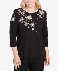 Alfred Dunner Petite Gold Floral Embroidered Three Quarter Sleeve Top