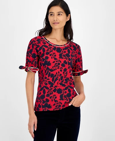 Tommy Hilfiger Women's Floral-Print Tie-Cuff T-Shirt