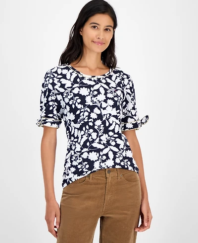 Tommy Hilfiger Women's Floral-Print Tie-Cuff T-Shirt