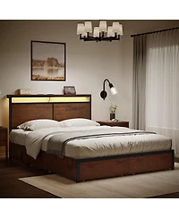 Hausource Modern Queen Bed Frame with Led Headboard, 4 Storage Drawers, No Box Spring Needed