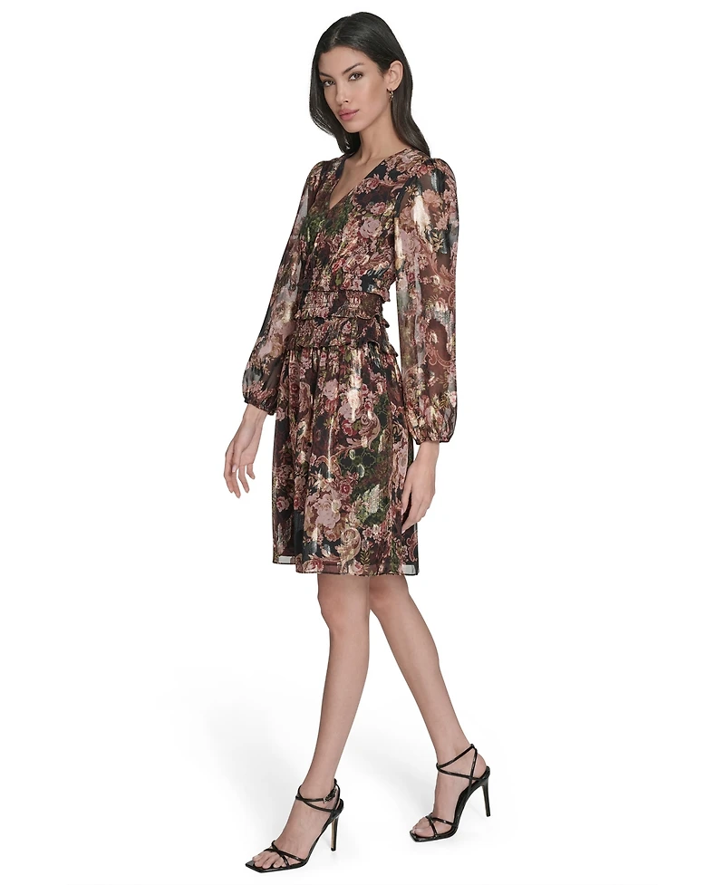 Eliza J Women's V-Neck Metallic-Chiffon Balloon-Sleeve Dress