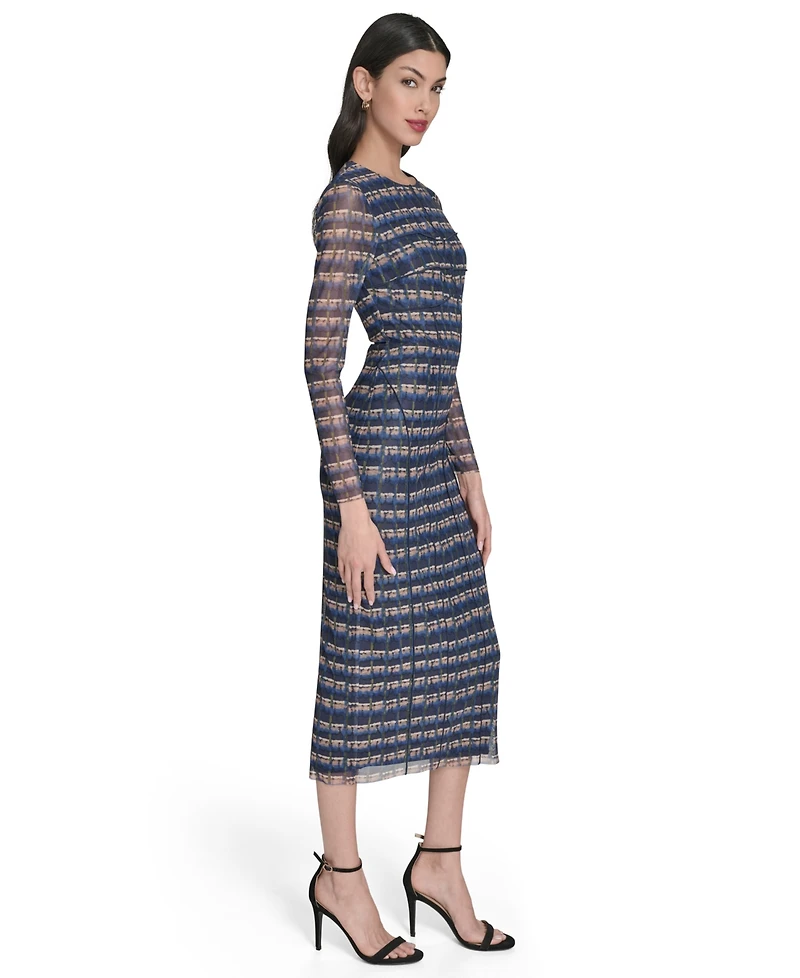 Vince Camuto Women's Printed-Mesh Long-Sleeve Bodycon Dress