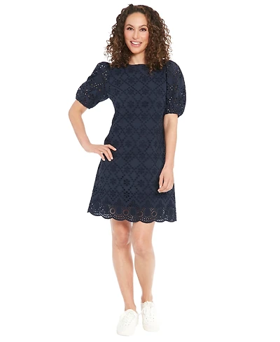 London Times Petite Cotton Eyelet Puff-Sleeve Dress
