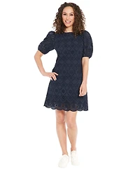 London Times Petite Cotton Eyelet Puff-Sleeve Dress