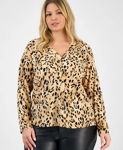I.n.c. International Concepts Plus Printed Long-Sleeve Button-Neck Top, Macy's Exclusive