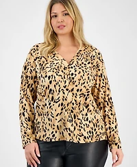 I.n.c. International Concepts Plus Printed Long-Sleeve Button-Neck Top, Macy's Exclusive