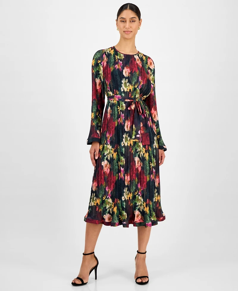 T Tahari Women's Floral-Print Pleated Midi Dress