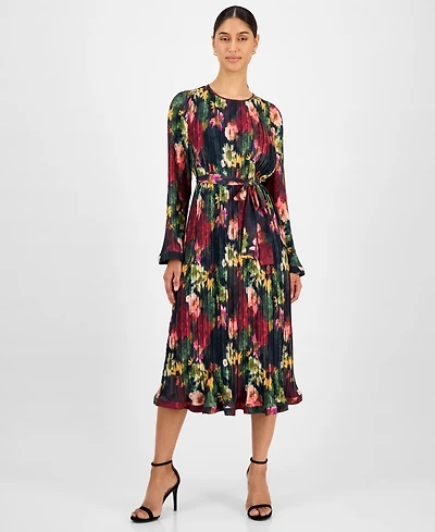 T Tahari Women's Floral-Print Pleated Midi Dress