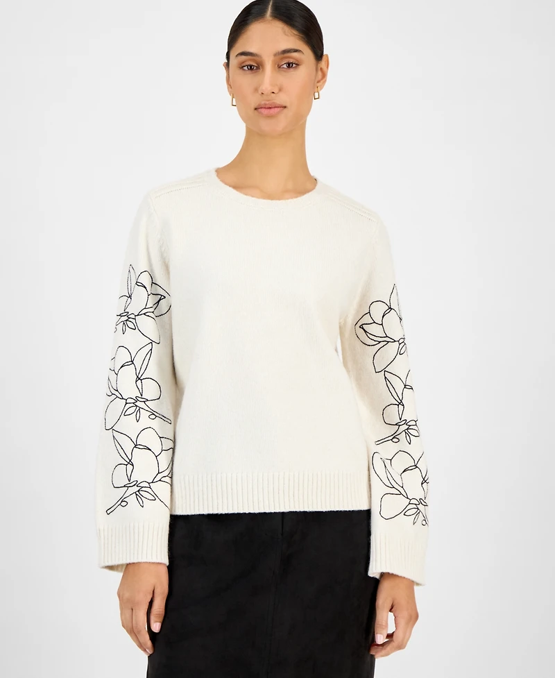 T Tahari Women's Embroidered-Sleeve Crewneck Sweater