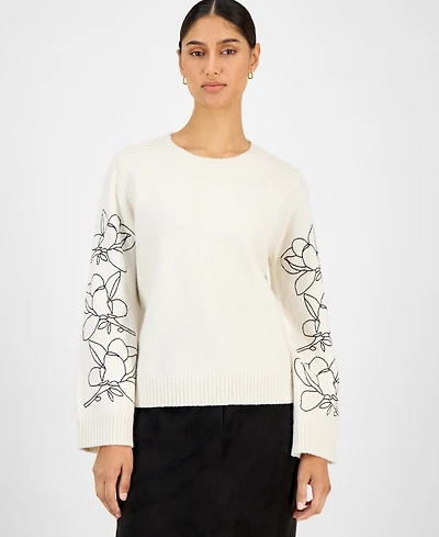 T Tahari Women's Embroidered-Sleeve Crewneck Sweater