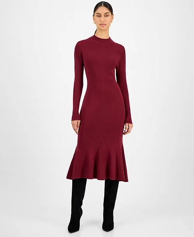 T Tahari Women's Long-Sleeve Ribbed Bodycon Flare Dress