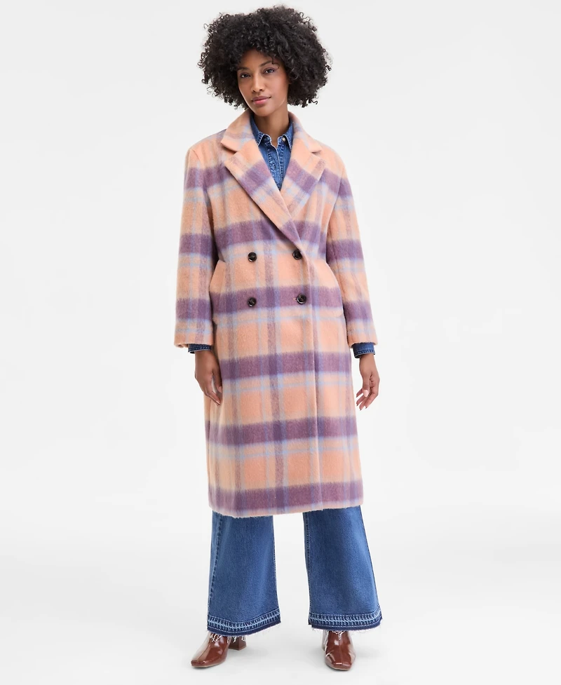 On 34th Women's Brushed Plaid Double-Breasted Coat, Macy's Exclusive