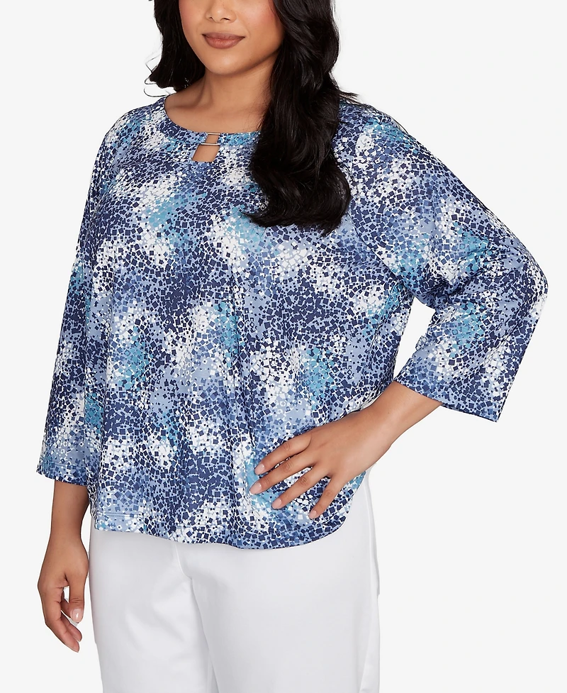 Hearts Of Palm Plus Printed Poly Square Ring Neck Top
