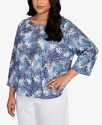 Hearts Of Palm Plus Printed Poly Square Ring Neck Top