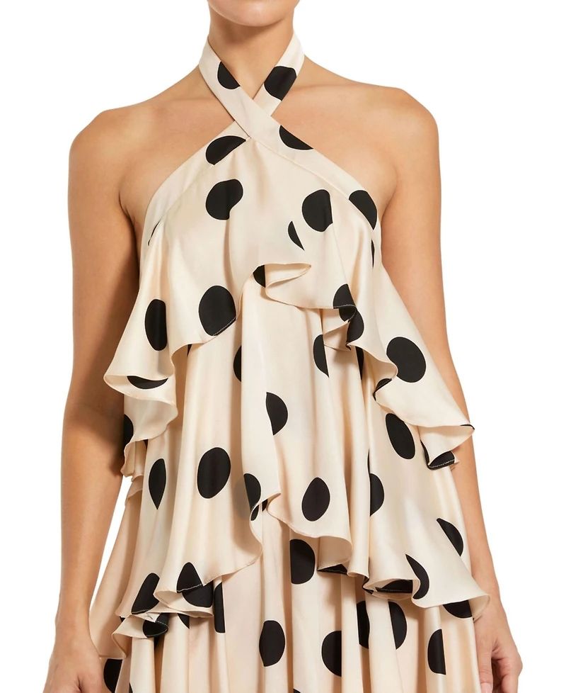 Mac Duggal Women's Polka Dot Charmeuse Halter Tiered Ruffle Gown