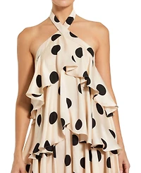 Mac Duggal Women's Polka Dot Charmeuse Halter Tiered Ruffle Gown