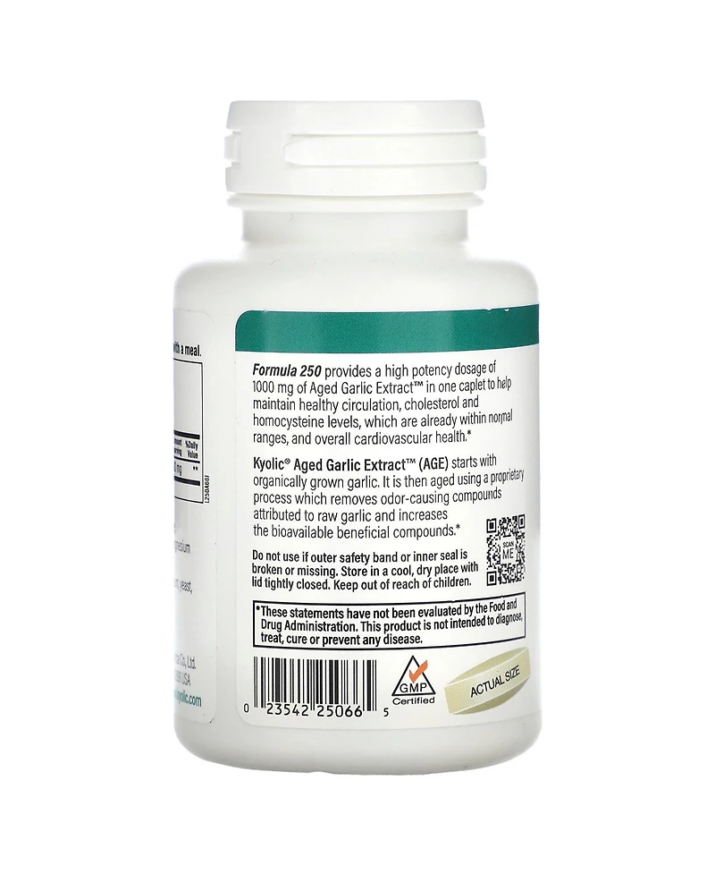 Kyolic Aged Garlic Extract Cardiovascular Health One Per Day Formula 250 60 Nutrition Caplets