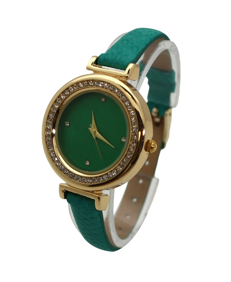 Olivia Pratt Teal Faux Leather Solid Colors and Rhinestones Women Watch