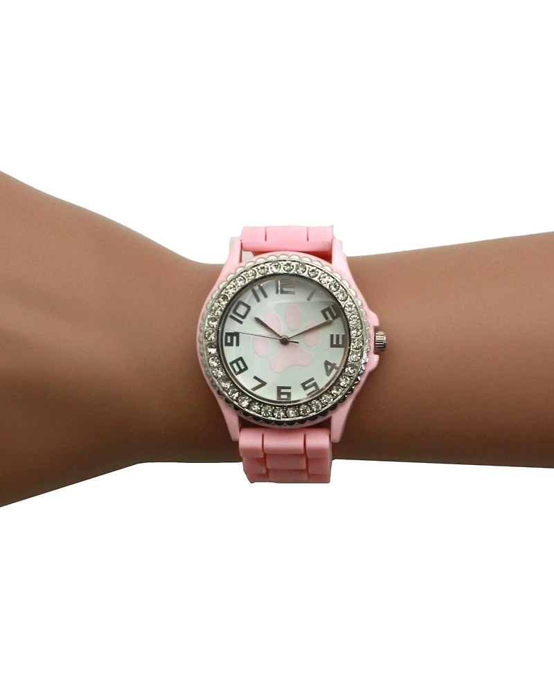 Olivia Pratt Light Pink Every Day Silicone Paw and Rhinestones Colorful Women Watch