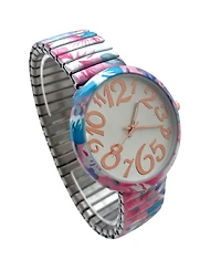 Olivia Pratt Turquoise Floral Big Dial Easy Reader Watch Floral Elastic Stretch Band Wristwatch Women Watch