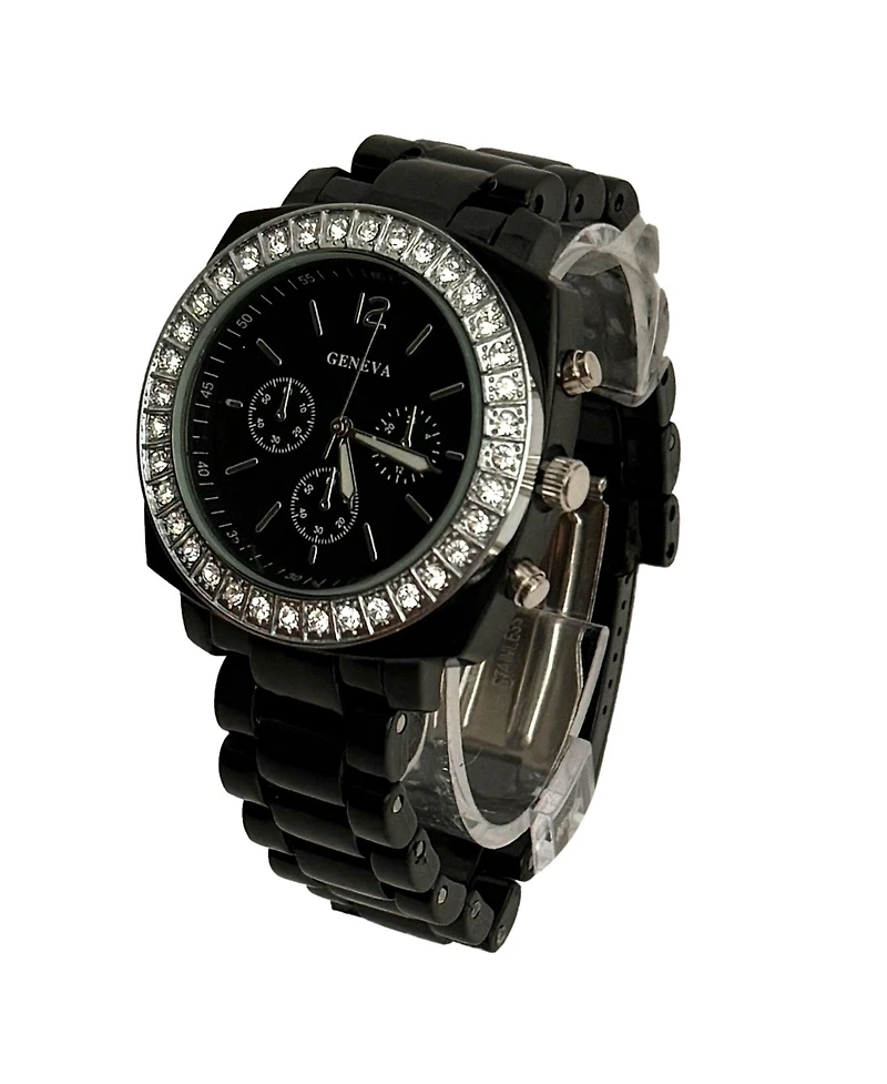 Olivia Pratt Black and Rhinestones Big Face Women Watch