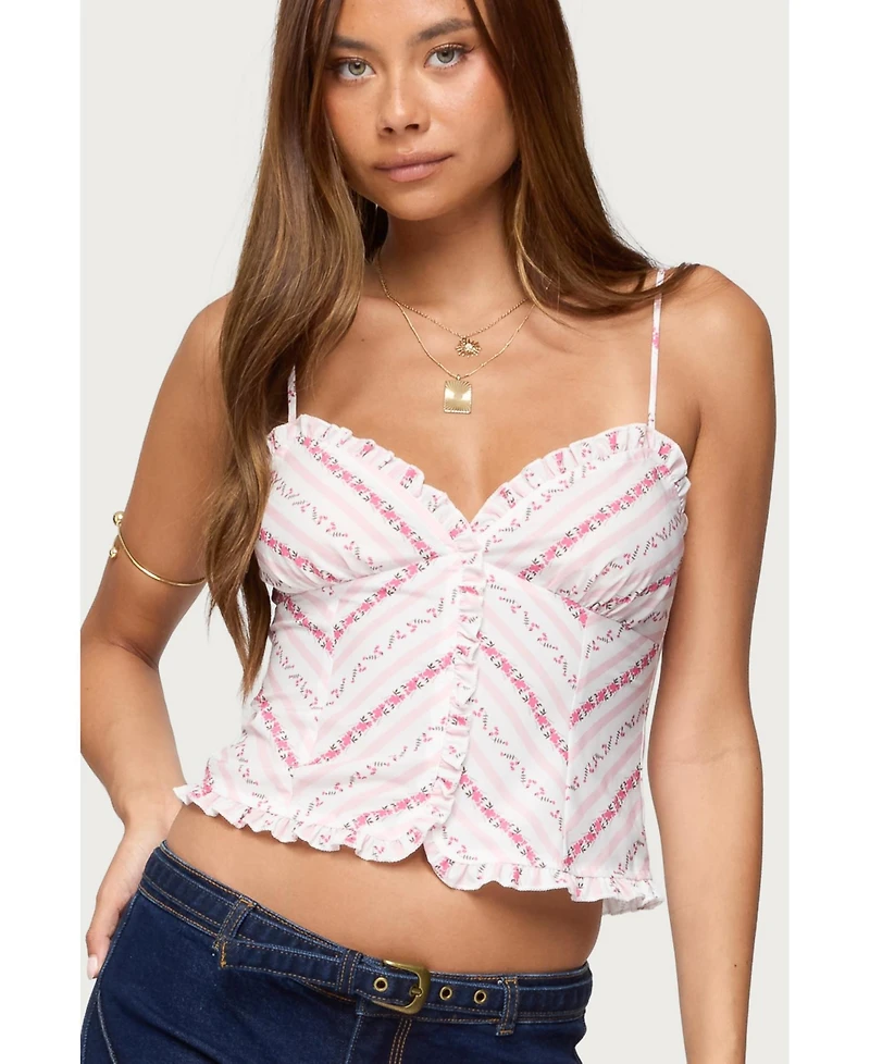 Edikted Women's Alaine Floral Striped Ruffle Tank Top