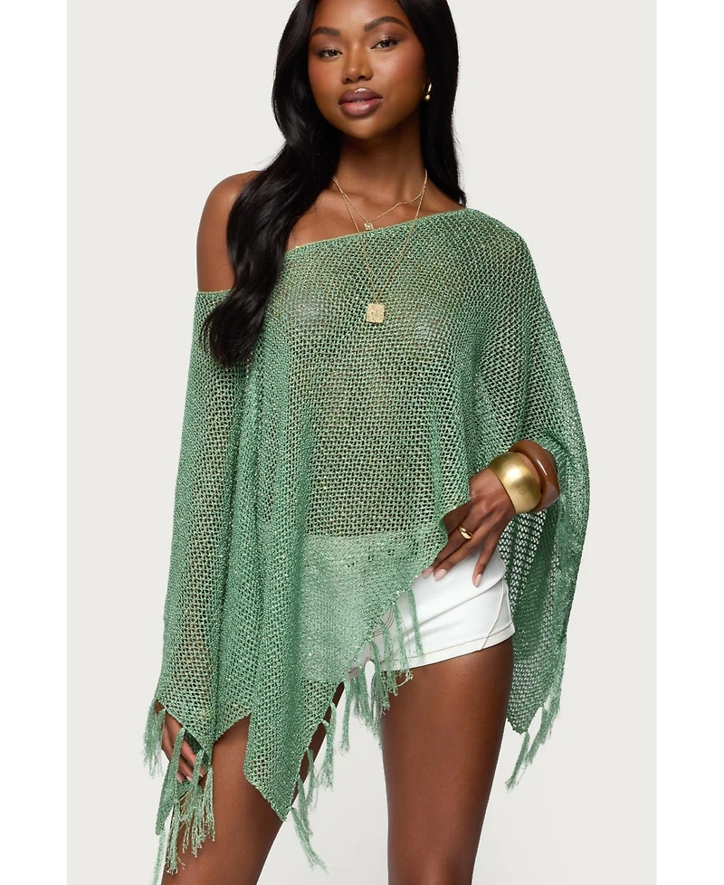 Edikted Women's Sequin Fringe Knit Poncho