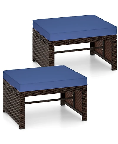 Gymax Set of 2 Patio Pe Rattan Ottomans w/ Soft Zippered Cushions for Deck Outdoor