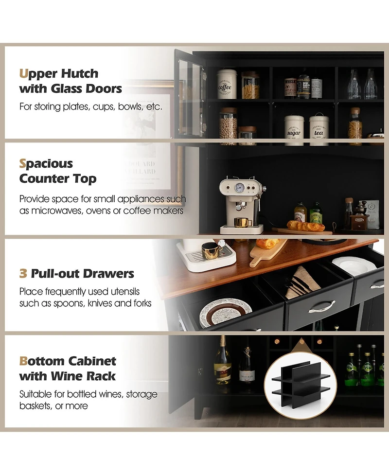 Gymax Buffet And Hutch Kitchen Storage Cabinet Cupboard w/ Wine Rack & Drawers Black