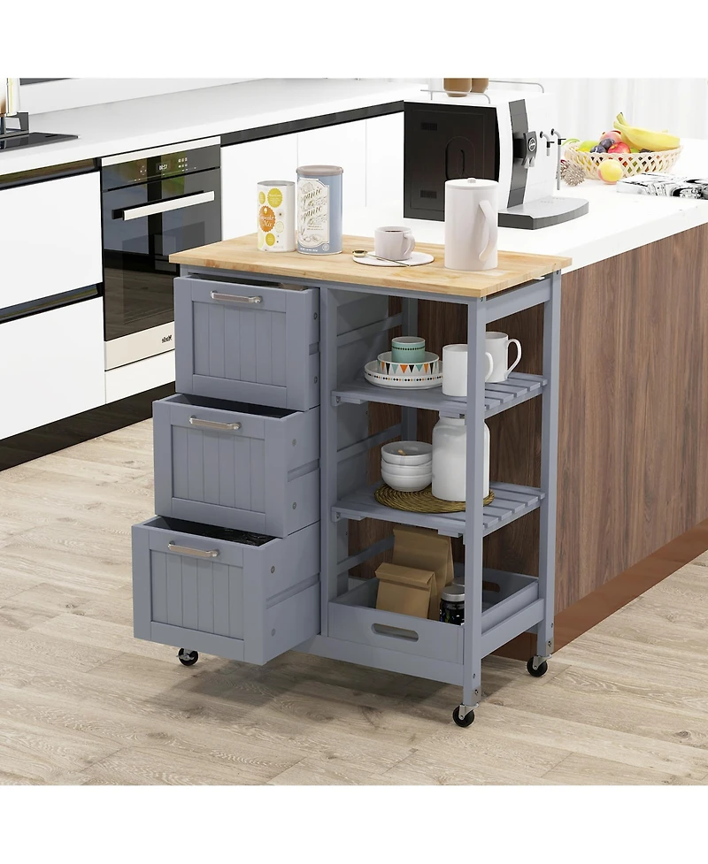 Gymax Rolling Kitchen Island Utility Storage Cart w/ 3 Storage Drawers & Shelves