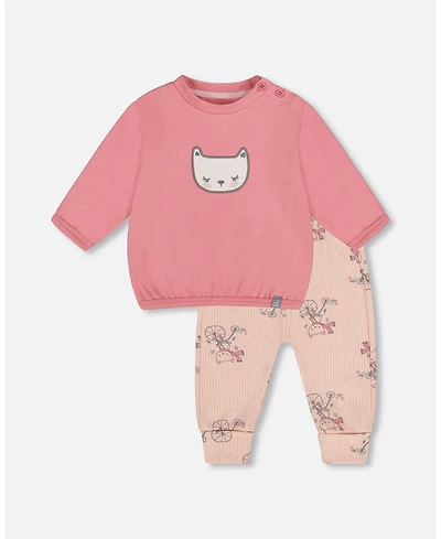 Deux par Baby Girl Cotton Pant with Top Set Pink Cat Print