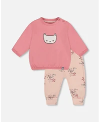 Deux par Baby Girl Cotton Pant with Top Set Pink Cat Print