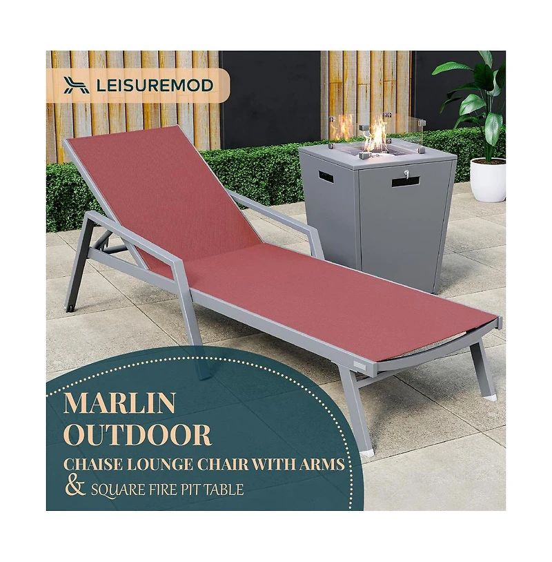LeisureMod Grey Aluminum Outdoor Patio Chaise Lounge Chair With Arms