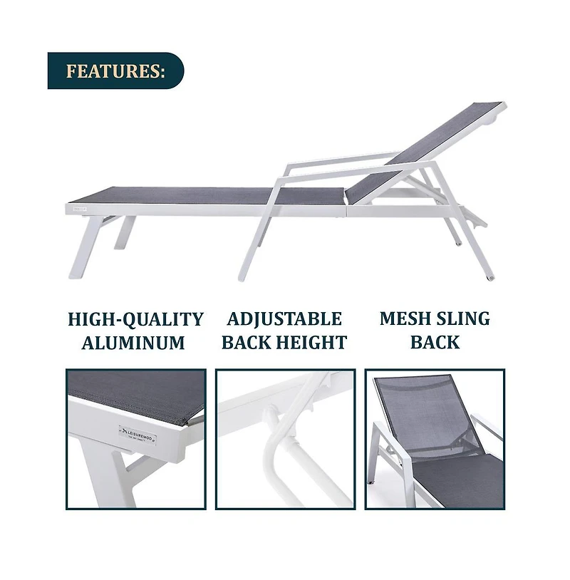 LeisureMod Aluminum Outdoor Patio Chaise Lounge Chair With Arms