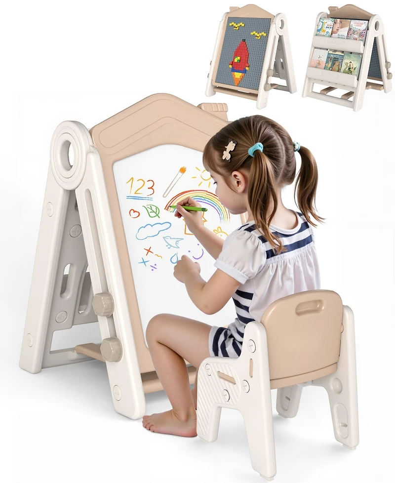 Sugift 3-in-1 Foldable Kids Easel Double-Sided Tabletop Easel with Chair