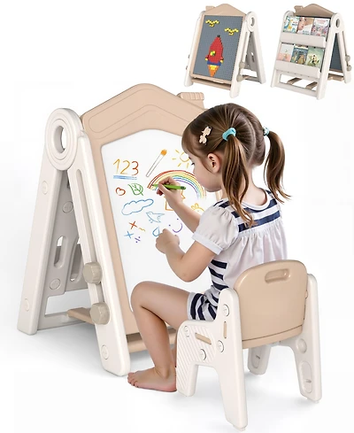 Sugift 3-in-1 Foldable Kids Easel Double-Sided Tabletop Easel with Chair