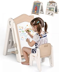 Sugift 3-in-1 Foldable Kids Easel Double-Sided Tabletop Easel with Chair